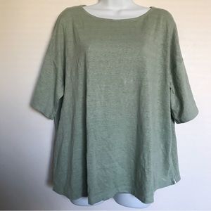 Eileen Fisher Green Organic Linen Short Sleeve Top Size Medium Boxy Lightweight